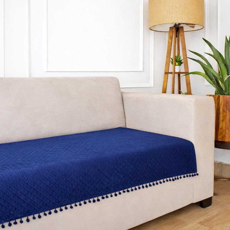 STITCHNEST 3 Seater Quilted Velvet Sofa Cover with Pom Pom | Elegant Blue Sofa Protector for Living Room | Soft, Washable | Perfect for Enhancing Living Room Interiors