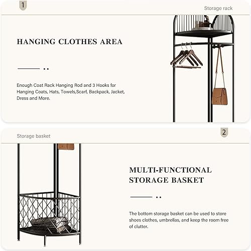 Miniatura 8 de Perchero de esquina con almacenamiento, árbol de esquina de pasillo, perchero de esquina de metal, perchero de esquina con cesta de almacenamiento y