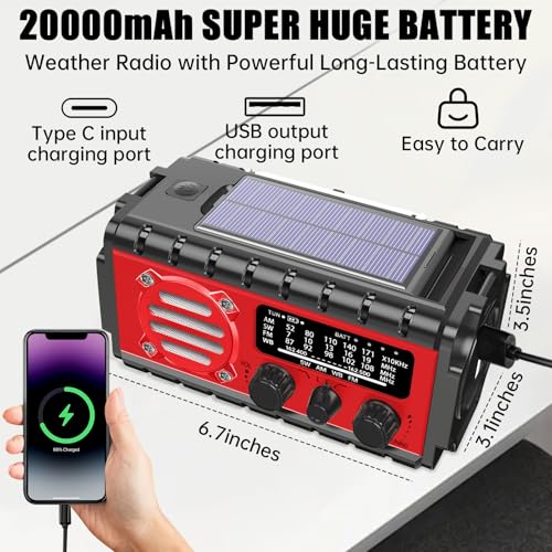 Aivica 20000mah Emergency Radio, SW/NOAA/AM/FM Weather Radio, Solar Powered Hand Crank Chager with Bige Batery Powered,Portable,Cellphone Charge,SOS,Flashlight for Emergency/Home