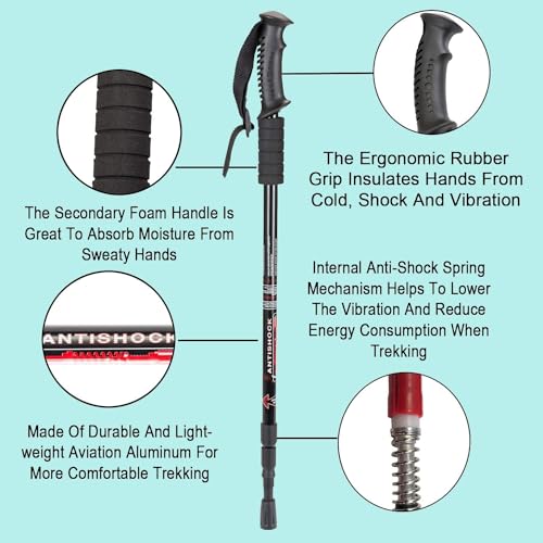 Image of Trekking Poles (2 Pack), Collapsible & Adjustable Hiking Sticks for Men & Women, Lightweight Aluminum Walking Poles with Anti-Shock System & Accessories - for Trekking, Hiking, Walking (Black)