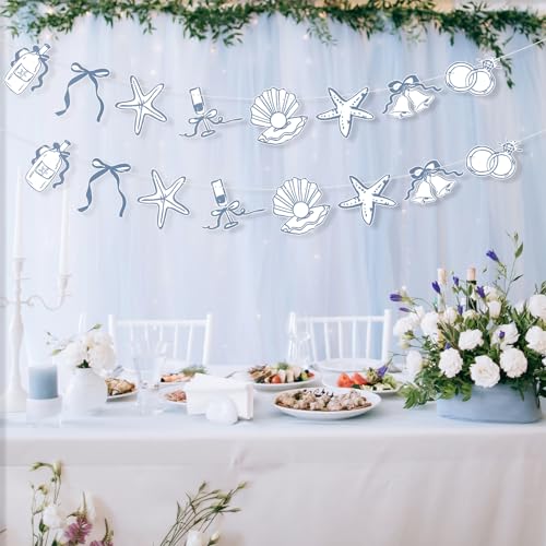 Image of Oudain 2 Pack Seashells and Wedding Bells Garland 6.56 ft Blue Bow Starfish Ring Coastal Beach Bachelorette Paper Hanging Banner Last Toast on the Coast for Bridal Shower Bachelorette Weekend Decor