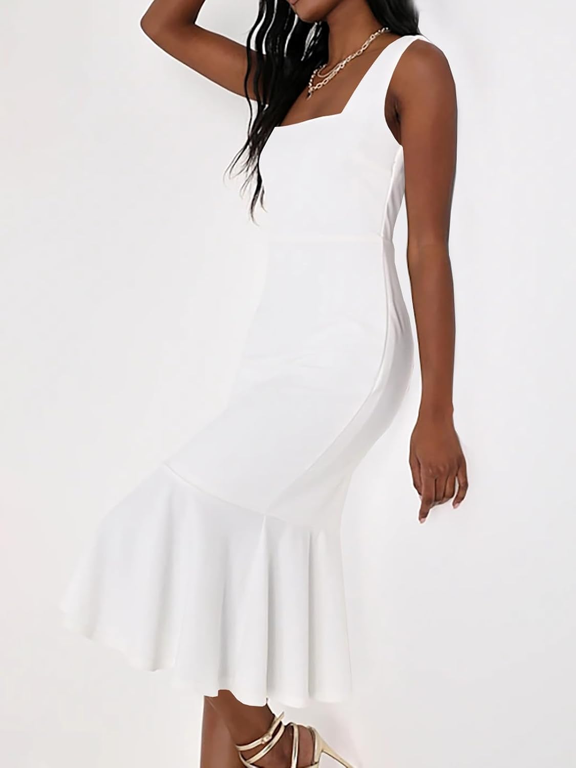 Women's Square Neck Ruffle Hem Tank Midi Dress Elegant Sleeveless Bodycon Sexy Slim Tight Fit Dresses - Image 4