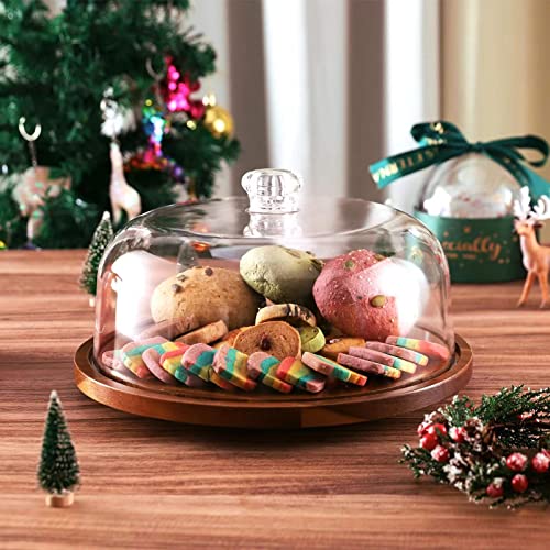 Rotating Cake Stand with Clear Acrylic Dome Lid, Turntable Base, Display Server Tray for Kitchen,Birthday Parties,Weddings,Baking Gifts,Acacia Wood Lazy Susan with Cover