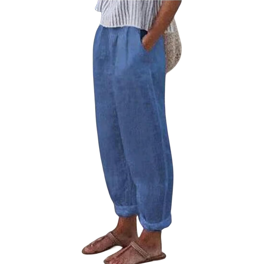 ZOCANIA Cotton Linen Pants for Women Floral Printed Beach Pants Elastic Waist Cropped Trousers Boho Pants with Pockets