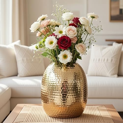 BEHOMA Metal Oval Shape Vase for Home, Golden