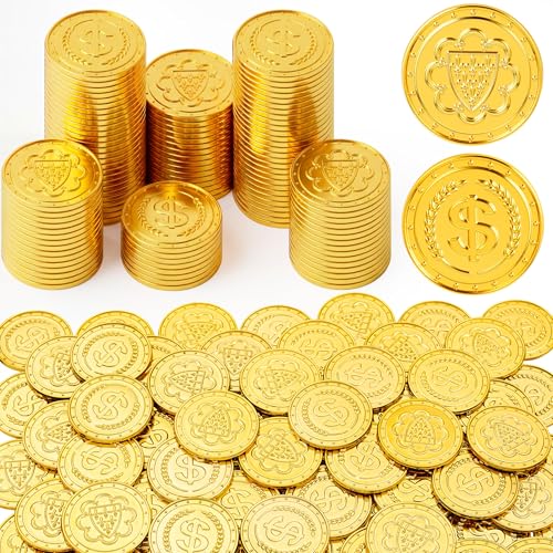 JOYIN 100 PCS Gold Coins Fake Plastic Coins Pirate Play Treasure Bulk for Children Party Favors St. Patricks Party Decorations Favors Hunt Game Supplies