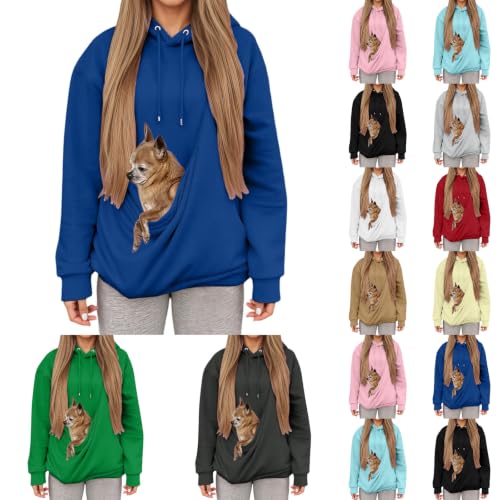 Cat Pouch Hoodie For Women Kangaroo Pocket Dog Pouch Sweatshirts Blue - image 1