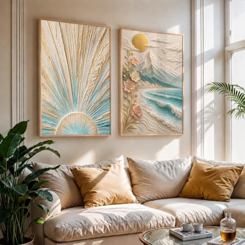 Image of NoWorries Coastal Sunrise Wall Painting Set of 2 with Frame | Textured Sunburst & Beach Landscape Artwork, Ocean Mountain Floral Nature Wall Decor for Living Room, Bedroom, Office and Home Decoration (Art-3, 13x19inch)