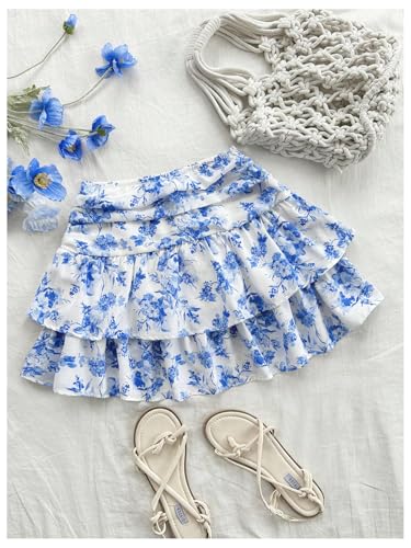 SHENHE Saia feminina com babados em camadas Y2k floral rodada Boho mini saia curta fofa, Azul e bran