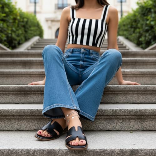 Image of CUSHIONAIRE Voyage Cutout Strap Slides for Women, Slip On Summer Flats, Trendy Footwear, Memory Foam Vegan Leather Comfortable Vacation Style Sandals