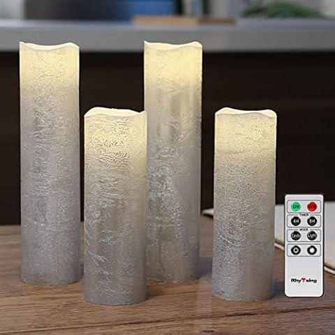 Rhytsing Skinny Silver Battery Operated Led Candles, Flameless Candles with Remote, Textured Wax Finish, 8 Batteries Included - Dia.2 inches-Set of 4 Cover
