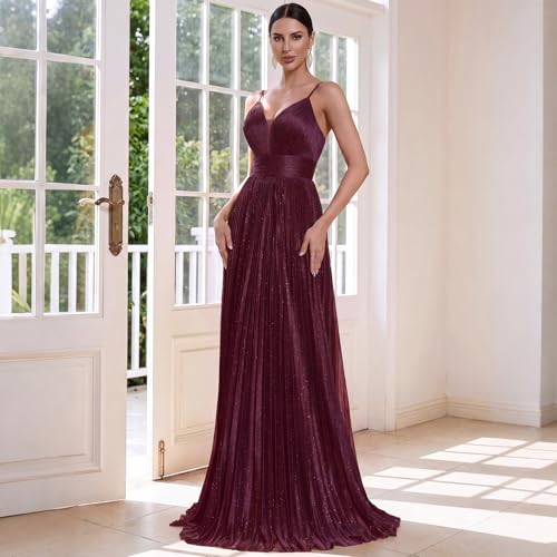 Image of Sexy Backless Maxi Formal Dress for Women with Sequin, Sleeveless Pleated Evening Gowns for Wedding and Cocktail