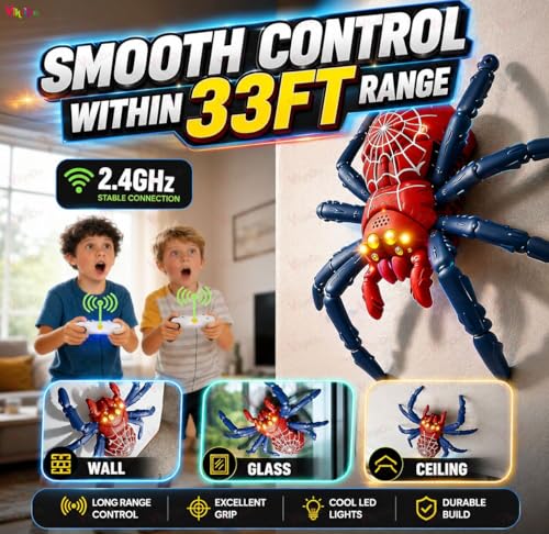 Image of VikriDA Wall Climbing Spider RC Toy with Remote Control, Rechargeable Creepy Crawler Climbs Walls & Ceilings, Glowing Eyes Prank Toy for Kids Boys Girls Birthday Gift (Multicolor)