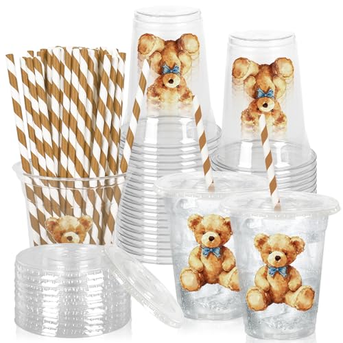 JarThenaAMCS 50Pcs Bear Plastic Cups with Lids Straws 12oz Cute Brown Bear Disposable Cups Watercolor Clear Drinking Cup for Baby Shower Birthday Party Supplies