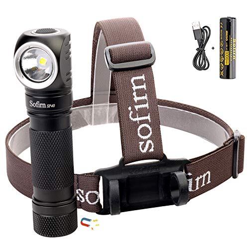 Sofirn SP40 Rechargeable Headlamp 1200 Lumen, Powerful XPL 5500K LED Flashlight with 18650 battery (Inserted), Right Angle Headlight for Repairing Running Camping Hiking
