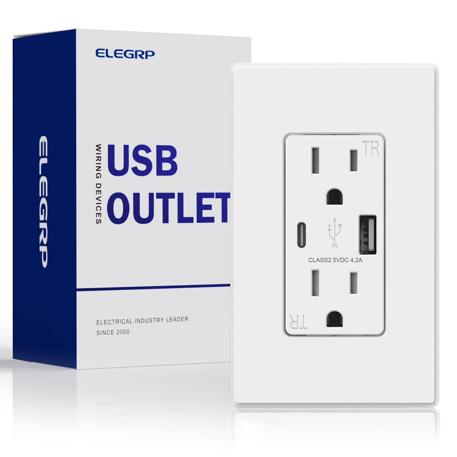 ELEGRP USB Charger Wall Outlet, USB Receptacle with Type A & Type C USB Ports, 15 Amp Duplex