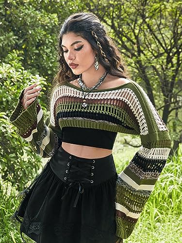SHENHE Women's Crochet Crop Sweater Long Bell Sleeve Striped Fairy Grunge Knit Sweater Tops4