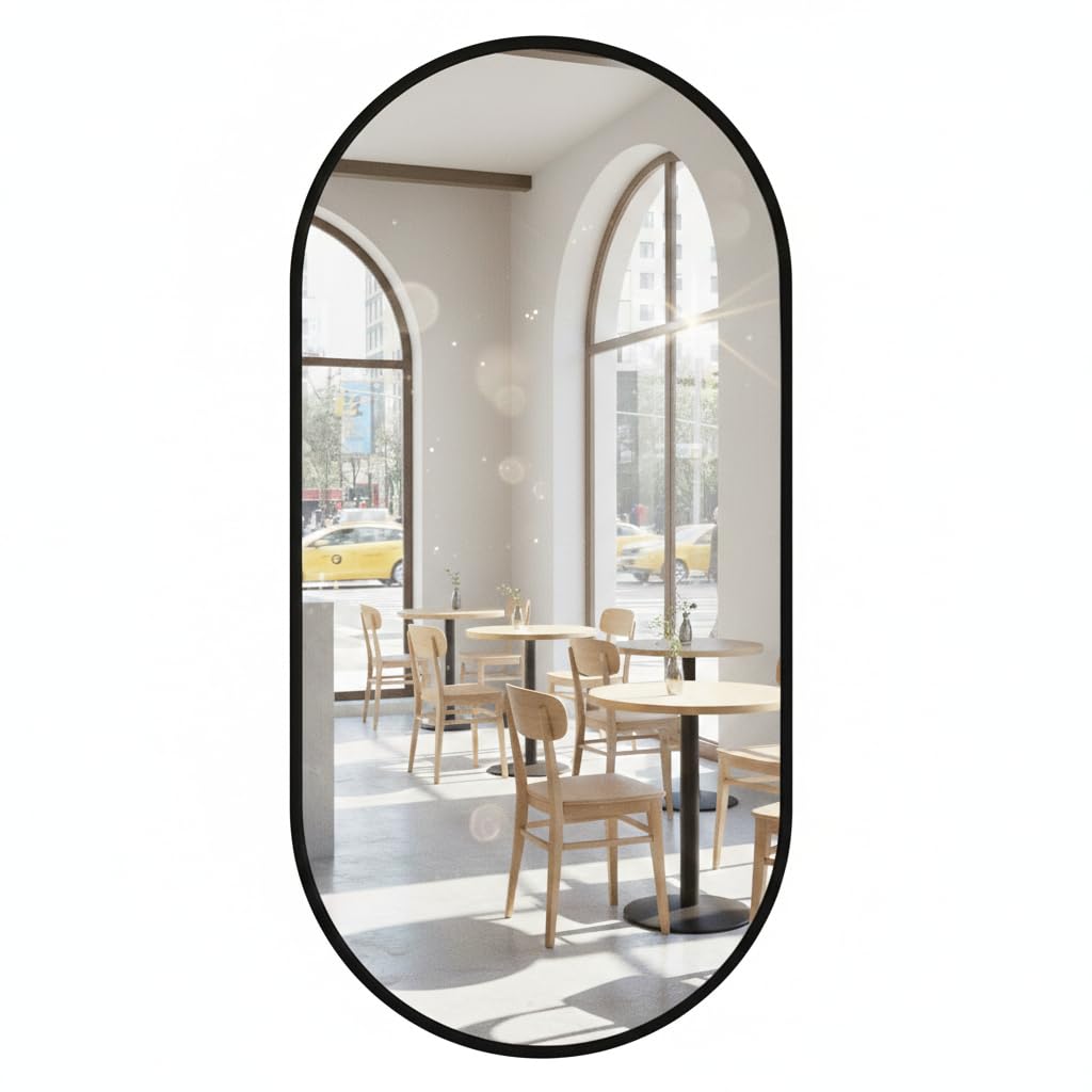 Specchio da parete ovale con telaio in metallo – Specchio da bagno in design moderno, montaggio a parete, Nero o Oro (Nero, 80 x 40 cm)