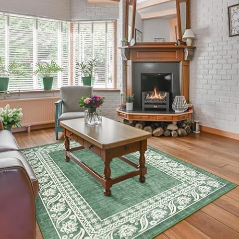 Seavish Vintage Bordered Living Room Rug - 5x7 Green Neutral Area Rug for Bedroom Aesthetic Low Pile Large Entryway Rug Soft Washable Accent Rug Floor Carpets Mat for Nursery Dining Room Dorm Foyer Cover
