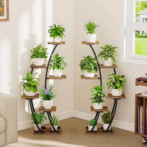 Image of BACEKOLL Plant Stand Indoor with Grow Lights, Plant Shelf Indoor 2 Pack, Corner Plant Stands for Indoor Plants, 6 Tiered Plant Flower Display Shelf, Half-Moon Plant Rack for Home, Living Room, Black