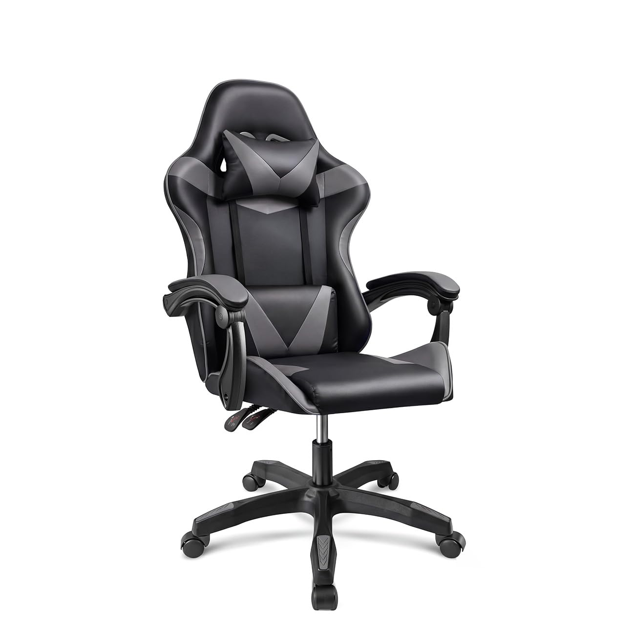 duehome | Silla Gaming Ergonómica Reclinable con Cojín Lumbar y Cervical, Ruedas 360°, Modelo Viper, Acabado en Negro y Gris, Medidas: 56 cm (Ancho) x 53 cm (Largo) x 117-128 cm (Alto)