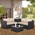WAROOM Patio Furniture Set 4 Piece Conversation Sets Brown Rattan Outdoor Couch Loveseat Wicker Sectional Sofa with Storage Box Glass Top Table, Khaki Cushion