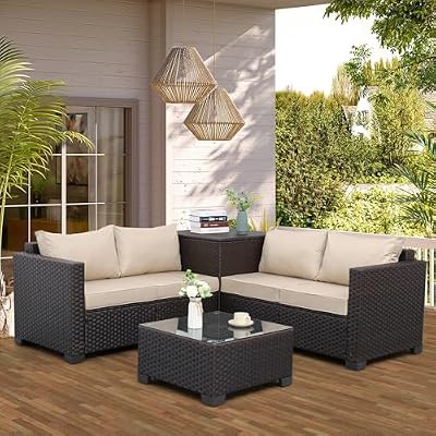WAROOM Patio Furniture Set 4 Piece Conversation Sets Brown Rattan Outdoor Couch Loveseat Wicker Sectional Sofa with Storage Box Glass Top Table, Khaki Cushion