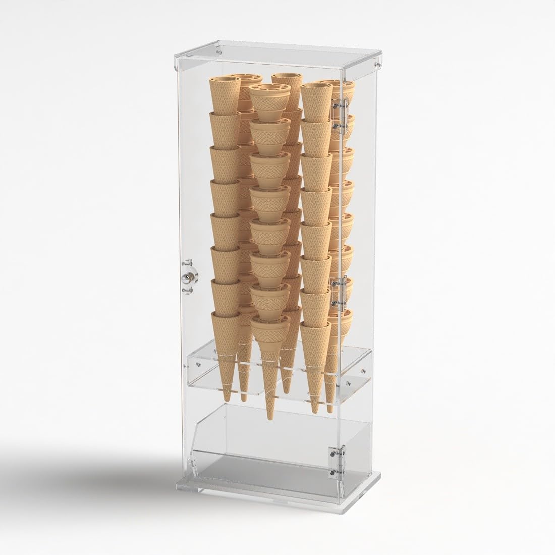 Porta coni gelato in plexiglass trasparente a 6 fori con vaschetta porta cucchiaini e con sportello - Misure: 22 x 13 x H61 cm