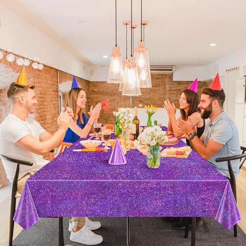 Image of Just Shimmer Purple Holographic Tablecloth 40 x 108, 1 Pack Iridescent Shiny Disposable Plastic Rectangle Table Cover for Halloween, Birthday, Bachelorette, Graduation and Wedding Party Decorations