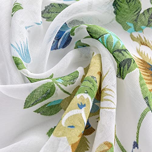Cutewind Sheer Valance 36 X 16 Inch Blue Floral Printed Curtain Sheers Valances Flax Linen Blend Living Room Leaves Print Drapes Bedroom Window Treatment 2 Panels Light Filtering Rod Pocket #TOP4