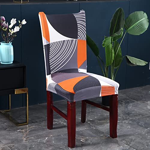 Image of House of Quirk Elastic Chair Cover Stretch Removable Washable Short Dining Chair Cover Protector Seat Slipcover (Pack of 1, Grey /Orange Abstract)