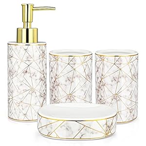 Bathroom Accessories Set, 4 Piece Ceramic Bath Accessory Set Includes 2Pcs Toothbrush Holder/Tumbler, 300ml Liquid Soap or Lotion Dispenser & Soap Dish Marble Pattern Bathroom Storage