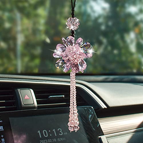 Image of Crystal Flower Ball Car Pendant Lucky Car Mirror Hanging Ornament Crystal Suncatcher Hanging Charm Auto Interior Decoration, Pink