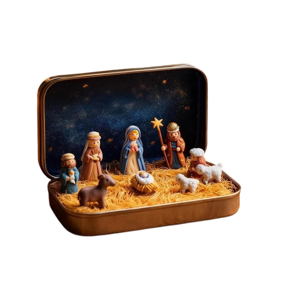Mini Christmas Nativity Set in a Tin Box, Pocket Nativity Scene Gift Tin