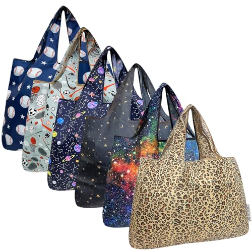 allydrew Large Foldable Tote Nylon Reusable Grocery Bags, 6 Pack, Cosmic Dreams