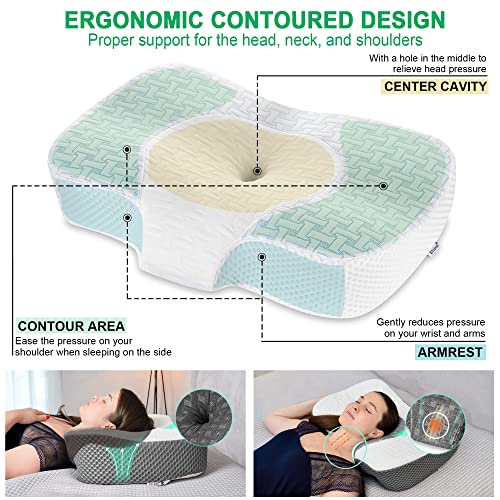 Elviros Zervikale Orthopädisches Kopfkissen aus Memory-Schaum abnehmbares ergonomisches Nackenhörnchen für Nacken- und Schulterschmerzen Nackenstützkissen für Seitenschläfer, Blau - Image 3