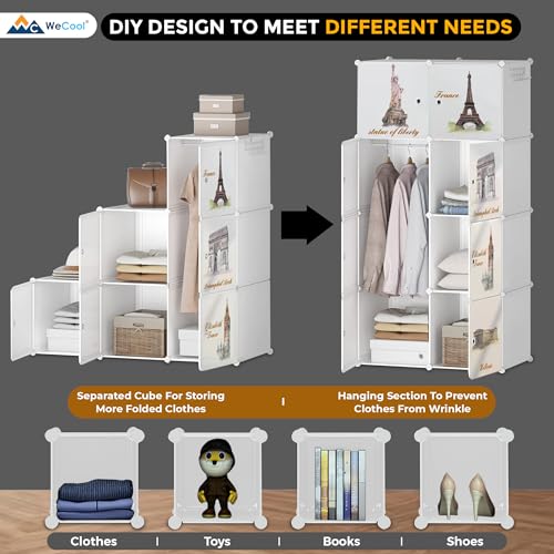 Image of CoolLeaf Soft Plastic Wardrobe for Clothes, Kids Almirah, 8 Doors Collapsible Wardrobe for Toys /Books, Baby Cupboard for Storage in Bedroom Nursery, White Tower (CW-WT8)