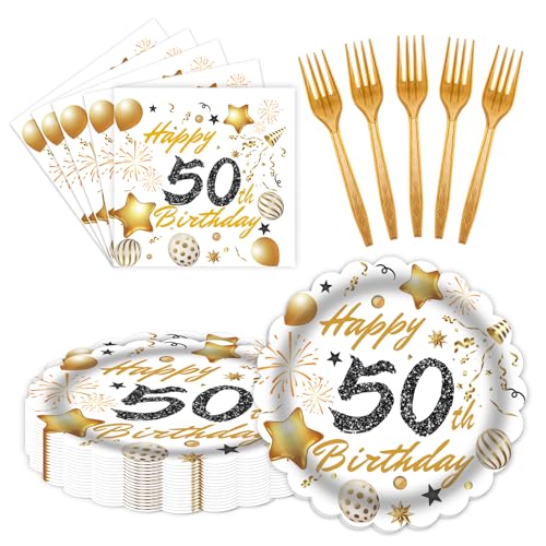 60 Pcs 50th Birthday Decorations White gold Paper Plates and Napkins Forks Party Tableware for Men Women Birthday Party Decorations Serve 20