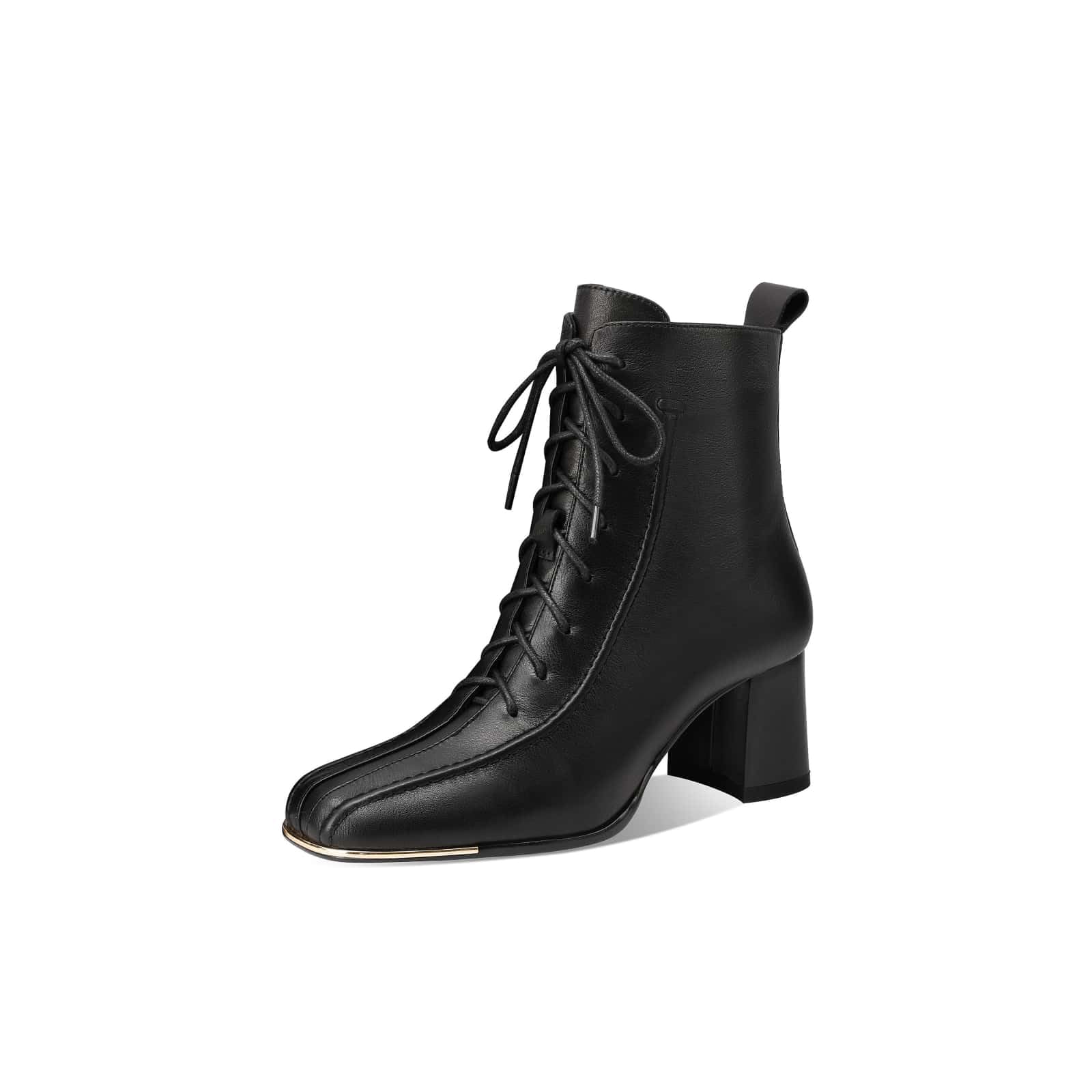 TinaCus Womens Leather Combat Boots Square Toe Handmade Side Zipper Lace-up Chunky Heel Short Booties