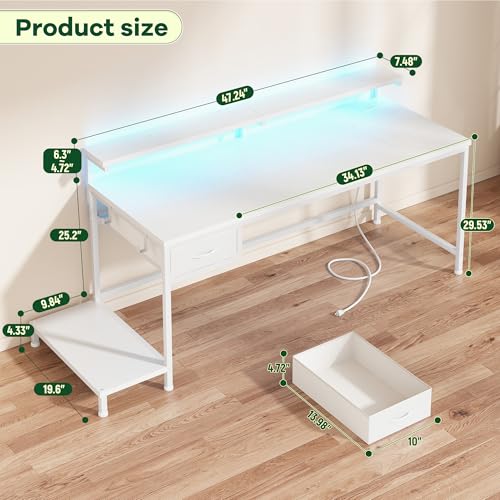 Image of DurayLoly Computer Desk with Ergonomic Monitor Stand & CPU Stand,47.2 inch Gaming Desk with 1 Drawer & Power Outlet & LED Lights for Home Work, Bedroom Study and Gaming, Small Spaces,White