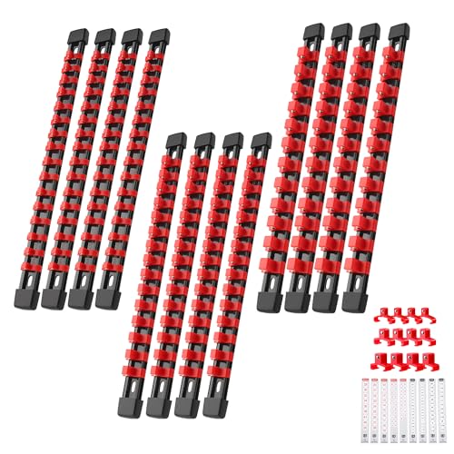 Image of Reniteco 12-Pack Socket Organizer Set, 1 /4 inch x 64 3 /8 inch x 60 1 /2 inch x 48 Clips | 172 Clip Capacity, Havy-Duty ABS Socket Rails, Removable Clips, Drive Socket Storage, Toolbox Drawer or Wall Mount