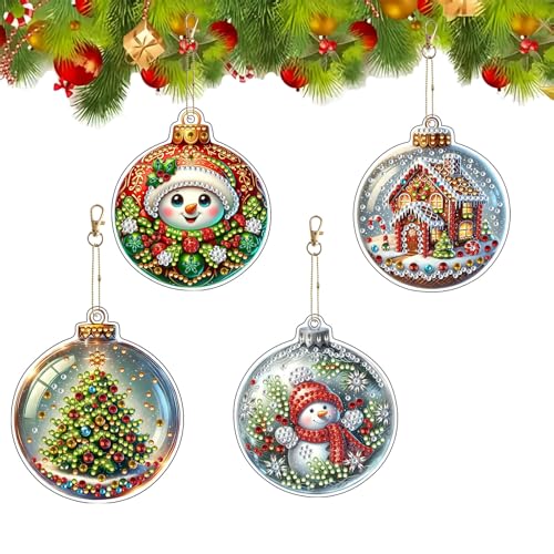 JJFox 4pcs Christmas Diamond Art Ornaments DIY Acrylic 5D Diamond Art Christmas Tree Decorations Holiday Hanging Diamond Painting Kit for Kids & Adults (Christmas-2)