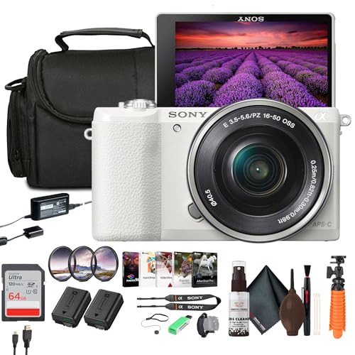 Sony Alpha a5100 Mirrorless Camera with 16-50mm Power Zoom Lens | 24.3MP APS-C Sensor, Fast Hybrid Autofocus (White) + Filter Kit + 64GB Card + NPF-W50 Battery + Card Reader + More