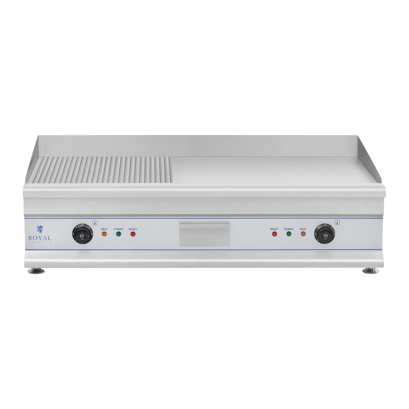 Royal Catering Plancha Grill Électrique Double RCG 100G (Plaque 100 x 40 cm, 2 x 3 200 W, Surface de Cuisson Lisse Et Nervurée, 2 Zones de Chauffe Indépendantes, Pare-Projections, Gouttière)