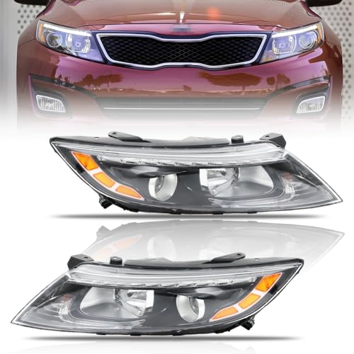 OLDANI Upgraded Halogen Headlights Assembly for 2014 2015 Optima [LED Daytime Running Light] Passenger & Driver Side Headlamp with Bulbs Clear Lens Black Housing Amber Reflector 1 Pair