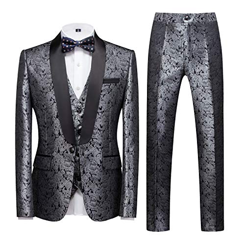 MOGU Mens 3 Piece Suit Slim Fit Shawl Lapel Tuxedo for Daily Business Wedding Party (Suit Jacket + Pants + Vest)
