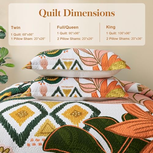 Image of Tyrot 2 Piece Boho Floral Quilt Sets Twin Size Farmhouse Botanical Reversible Lightweight Bedspread Coverlet with 1 Sham Mid Century Leaves Microfiber Bedding Quilts Set for All Season, 68''x86''