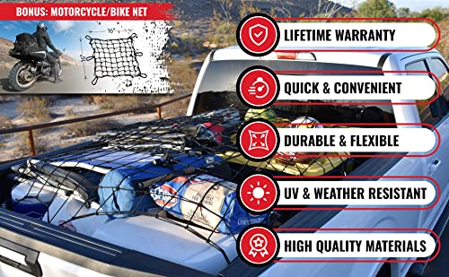 Rocket Straps Cargo Net For Pickup Truck Bed- 4' X 6' Stretches To 8' X 12'- Heavy Duty Small 3”X3” Latex Bungee Net Mesh With 12 Steel Carabiners - Compatible With Ford, Dodge Ram, Chevy, Toyota #TOP1