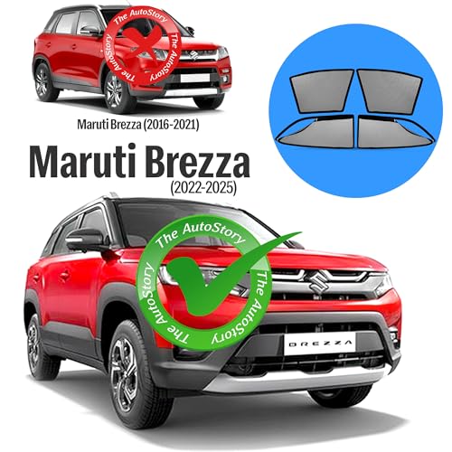 Image of AutoStory Magnetic Car Sunshade for Brezza 2022 2026 | Front Half Cut for Mirror Visibility + Rear Full Coverage with Zipper | Heavy Heat & UV Protection | Privacy Side Window Curtains Shades