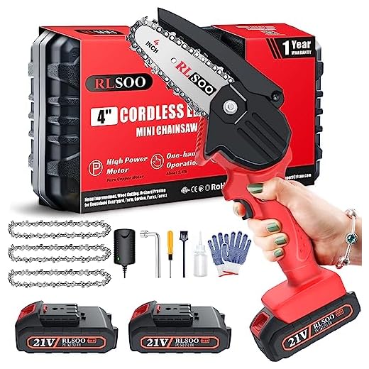Mini Chainsaw, RLSOO Upgraded 4-Inch Battery Powered Cordless Chainsaw, Portable One-Handed Rechargeable Electric Chainsaw for Tree Trimming Branch Wood Cutting（2 Batteries, 3 Chains Included）
